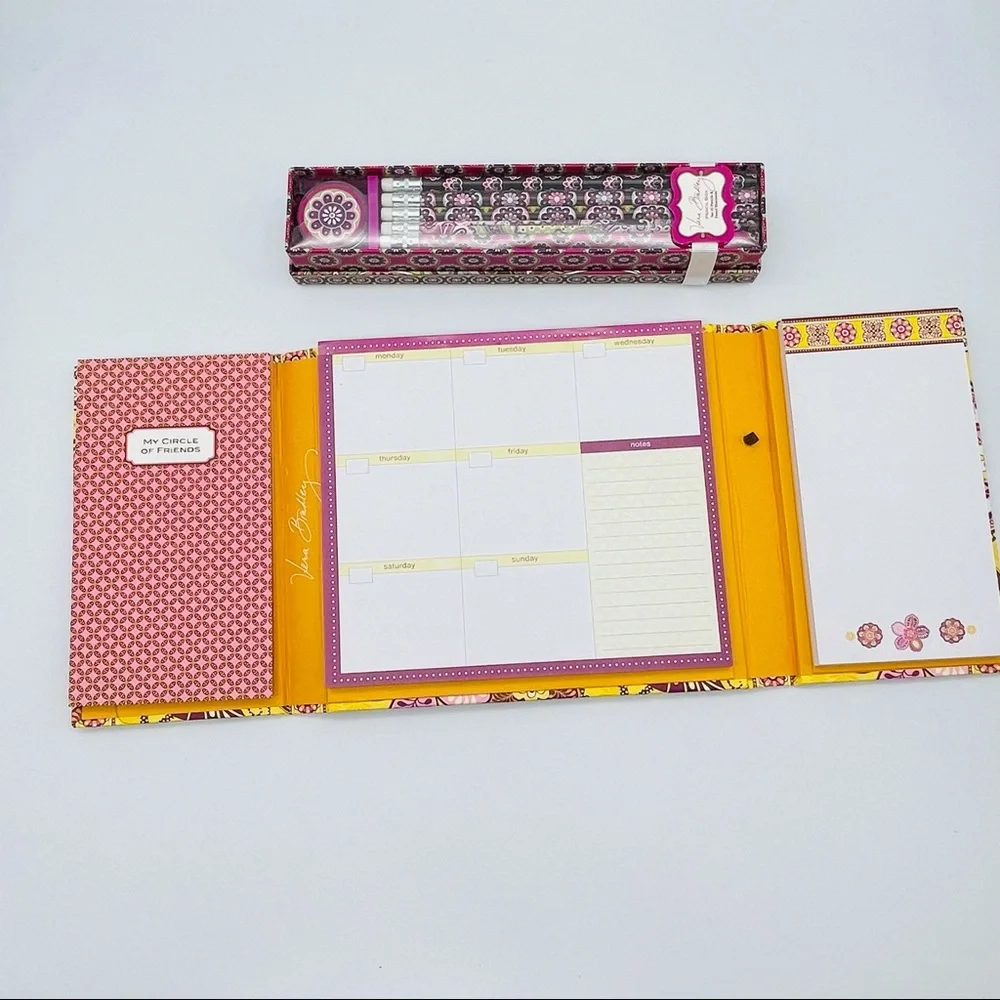 Vera Bradley Desk Set w/ Address Book, Note Pad, Weekly Calendar + Pencil Set